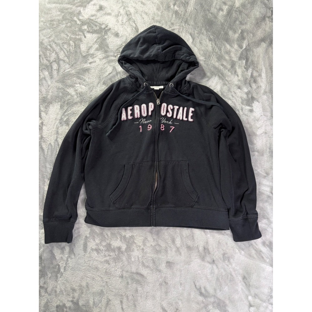 Aeropostale Y2K Graphic New York 1987 Hoodie L Black Full Zip Long Sleeve